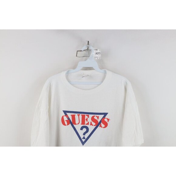 Vintage 90s Guess Mens OSFA Spell Out Big Logo Short Sleeve T-Shirt White USA - Picture 2 of 13